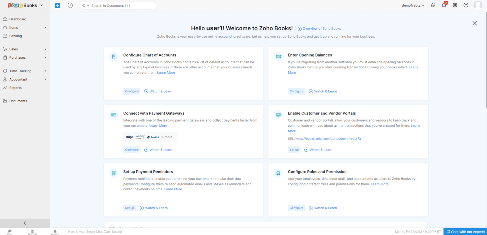 Initial dashboard of Zoho Books